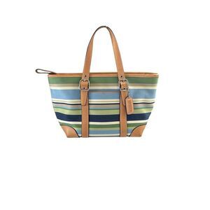 Coach Vintage Hampton Blue and Green Striped Canvas Small Tote Bag